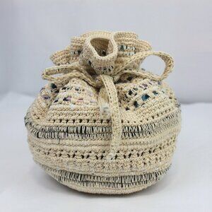 Cream Floral Fabric Round Crocheted Drawstring Pouch Gift Bag